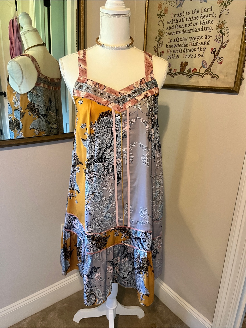 Patchwork Satin Midi Slip Dress In Mustard & Gray